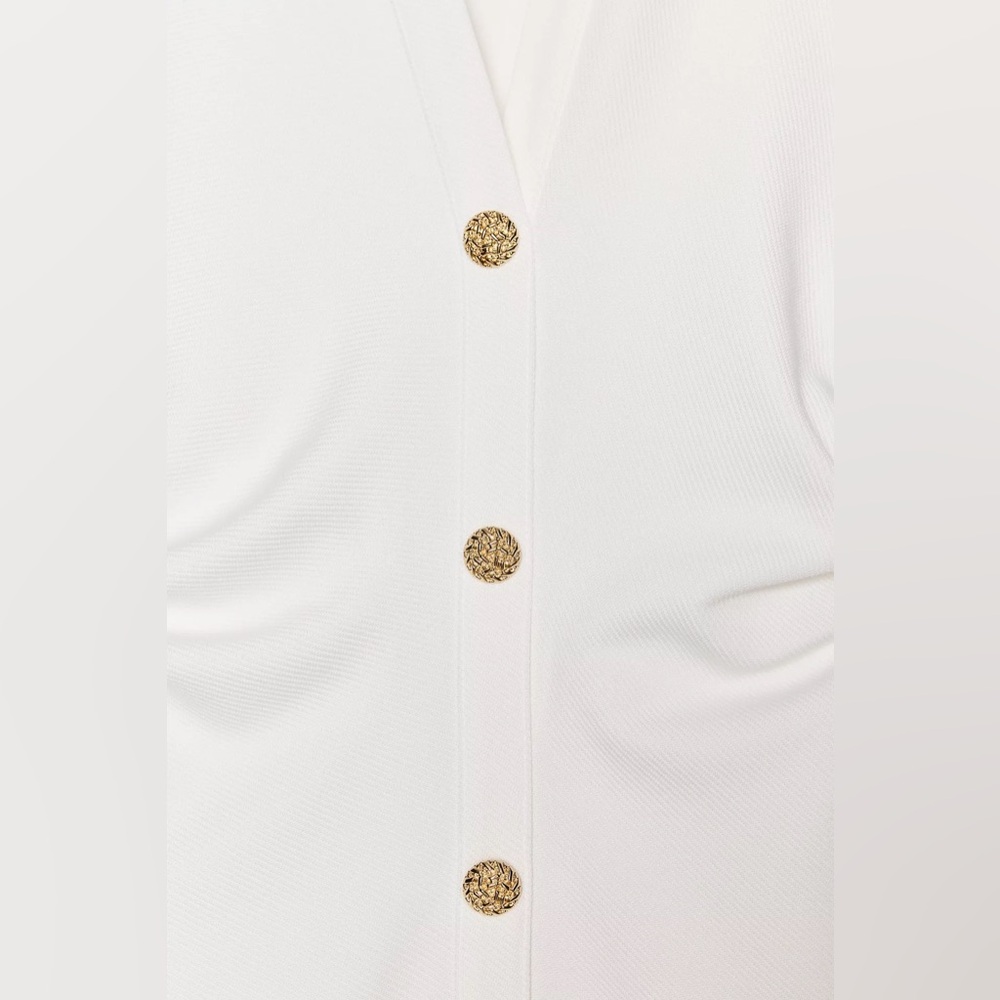 Zara Pique Midi Dress Oyster White Sleeveless & Gold Button Stretch V neck NWT S - Picture 7 of 14
